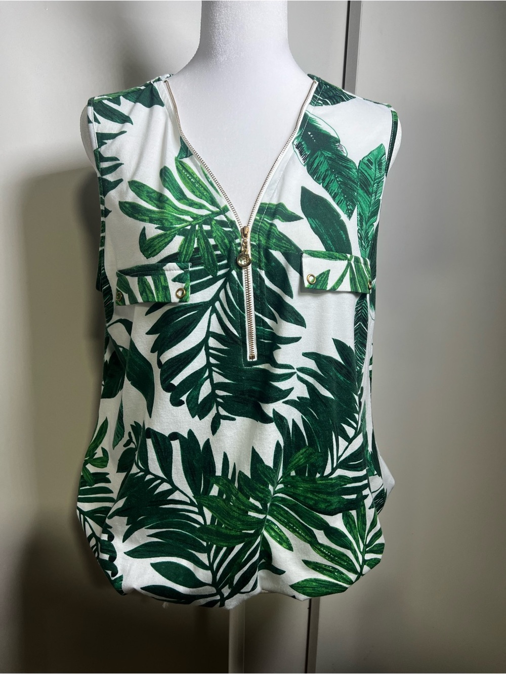PerSeption Concept White and Green Tropical Zip-Front Camisole
